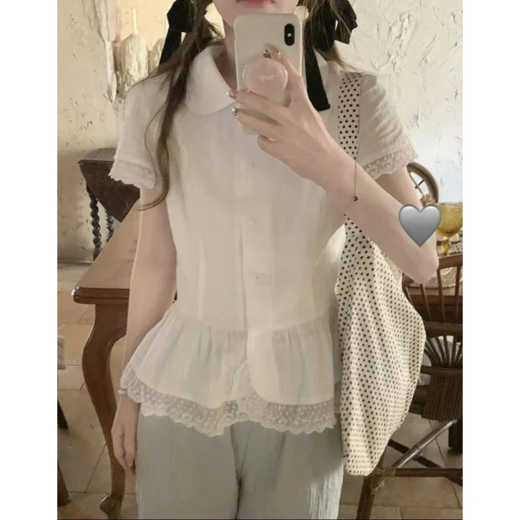 【如如】大码温柔风蕾丝短袖衬衫2025新款夏季白色衬衣遮肉显瘦上衣