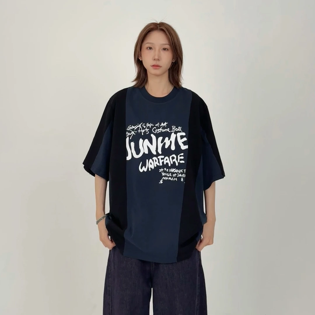 夏季男女同款圆领t恤印花百搭休闲短袖美式潮流拼色机车风半袖