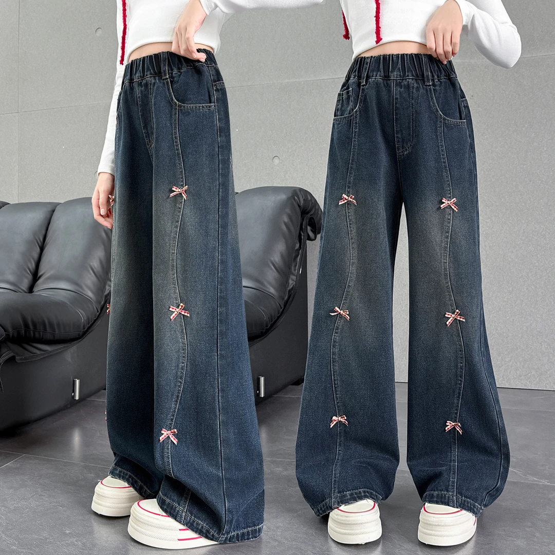 女童蝴蝶结牛仔阔腿裤2025新款秋装洋气中大儿童拼接宽松长裤子潮