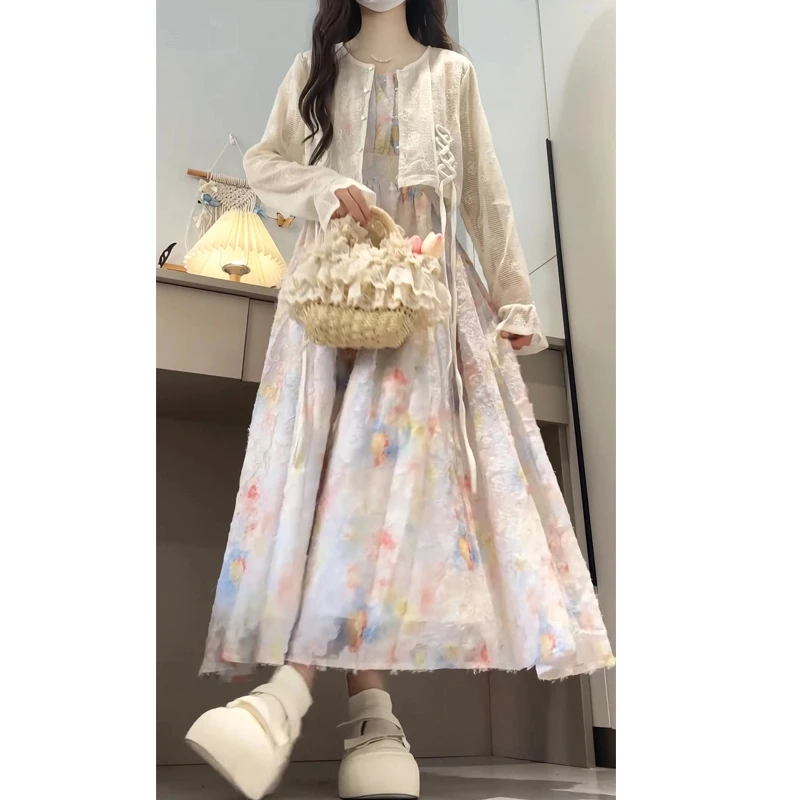 MO88ZSPF大码【郁香染夏】温柔风吊带连衣裙粉嫩少女碎花裙子仙开衫