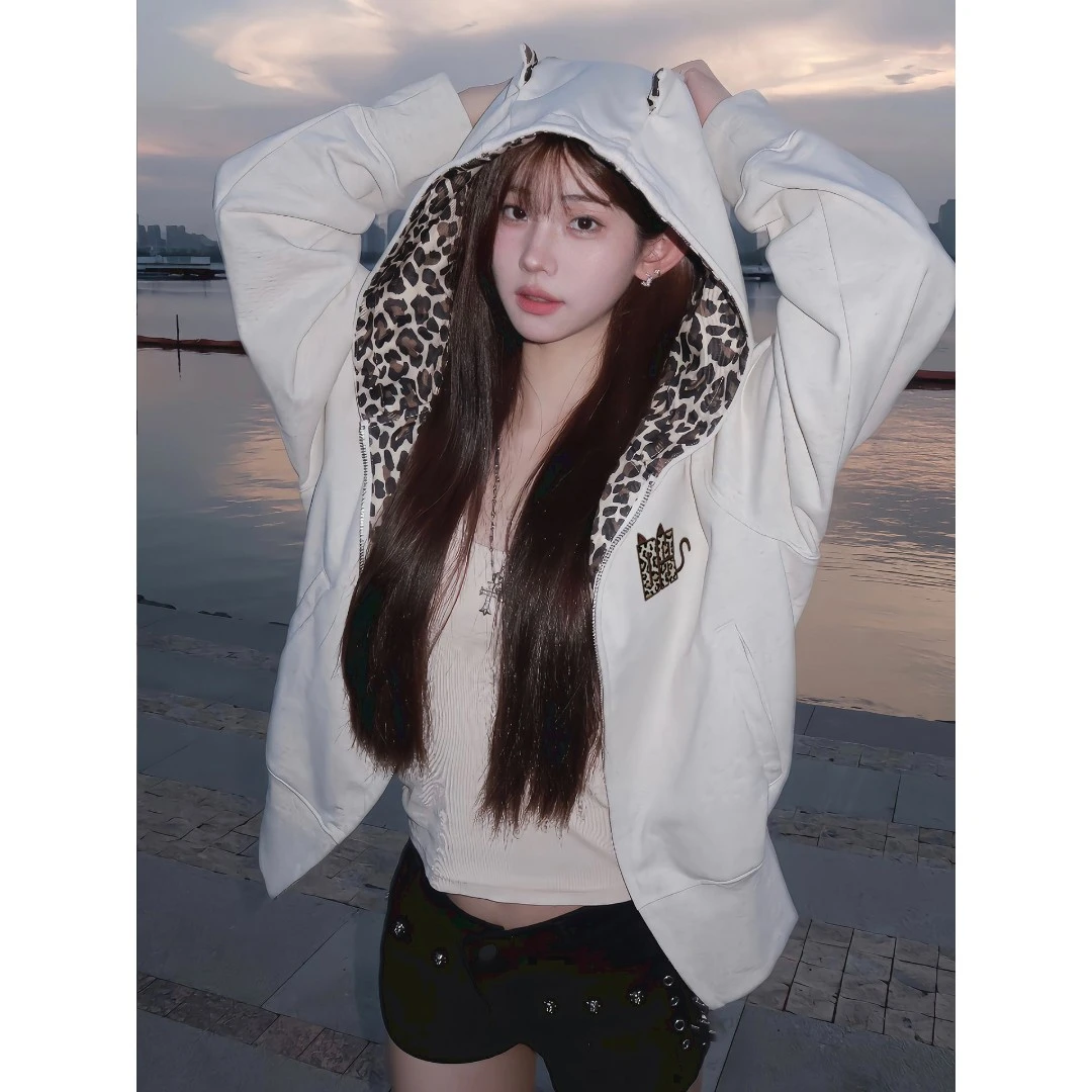 美式潮牌设计款刺绣连帽卫衣女秋冬新款慵懒风情侣开衫外套