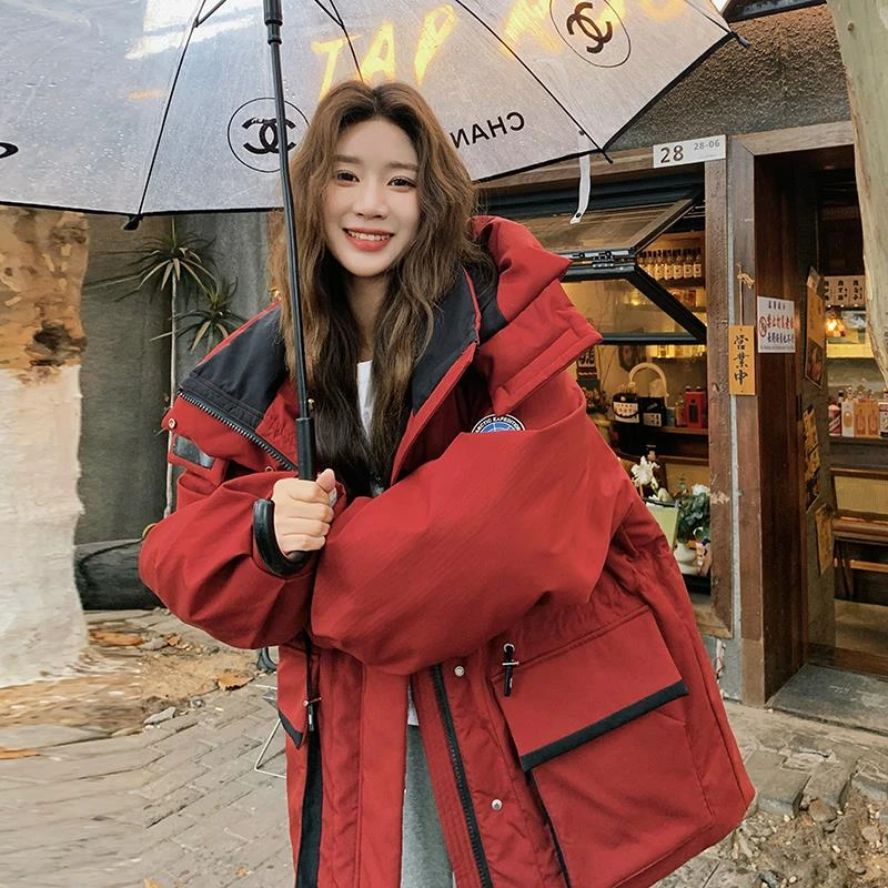 红色工装羽绒服女高级感2024冬季新款时尚小个子冲锋衣白鸭绒外套