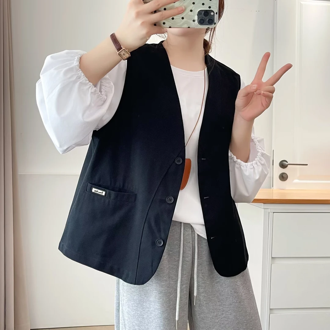5大码秋季宽松型女短款纯色复古百搭气质马夹韩版单排扣