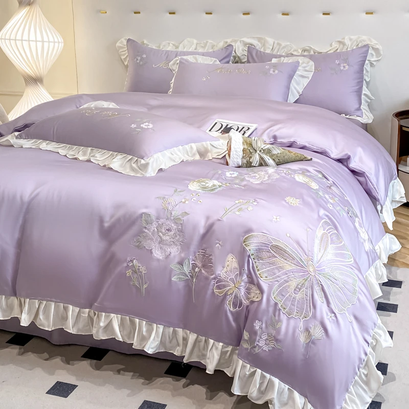 水星家纺适用春夏季雪莲天丝床上用品重工刺绣被套丝滑裸睡四件套