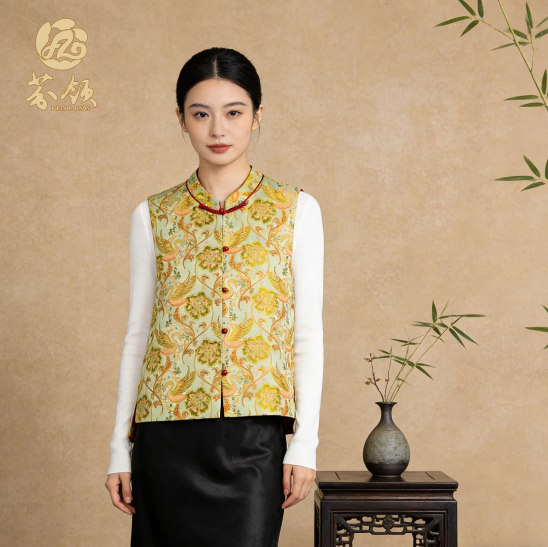 芬领-天鹅湖锦纹-非遗桑蚕丝宋锦（织金）宋锦马甲BX1531-BX1533