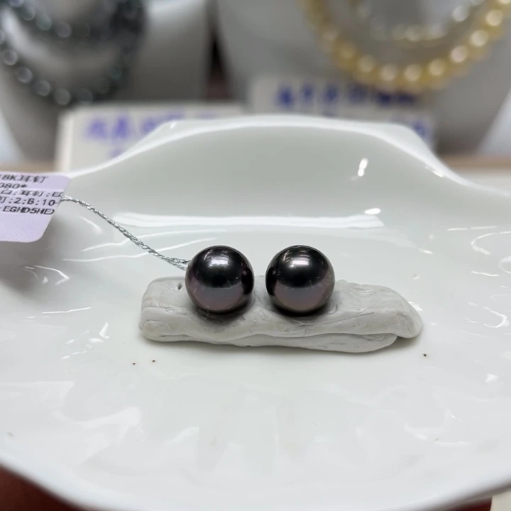 海水珍珠漏大溪地孔雀紫素钉10-11mm18K金镶嵌