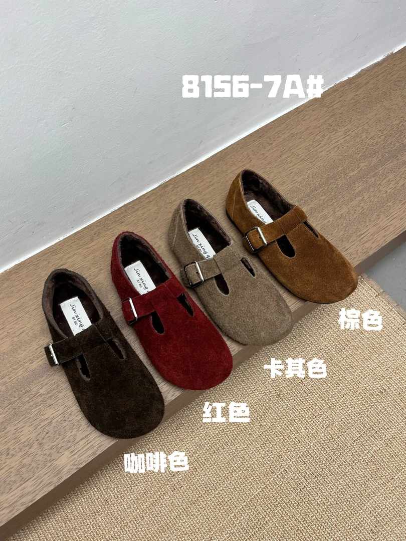 8156-7A头层牛皮平底勃肯鞋圆头法式搭扣磨砂皮系扣学院风单鞋