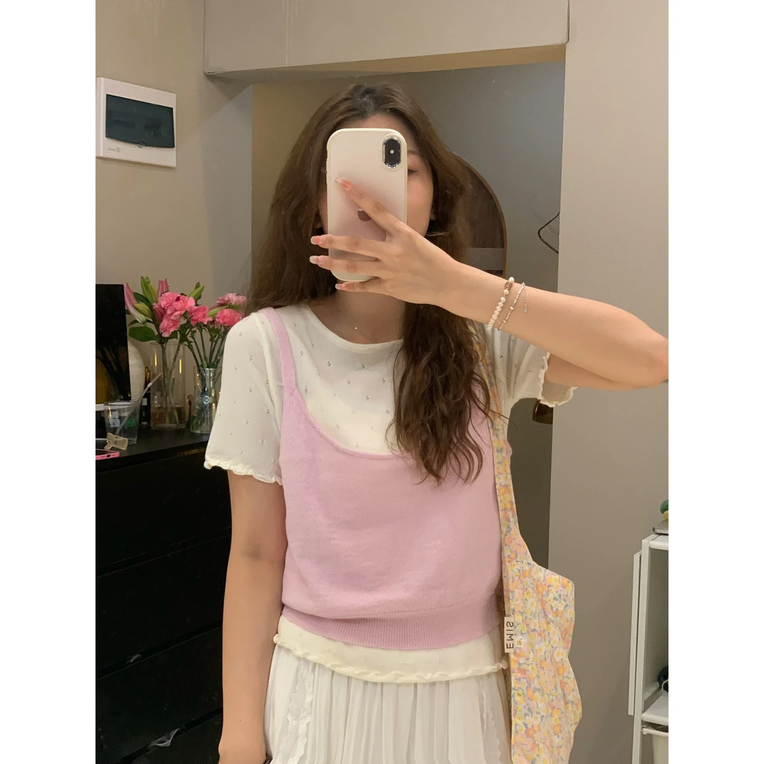 一颗晏 春上新韩系甜美木耳边短袖针织衫+叠穿吊带背心两件套2008