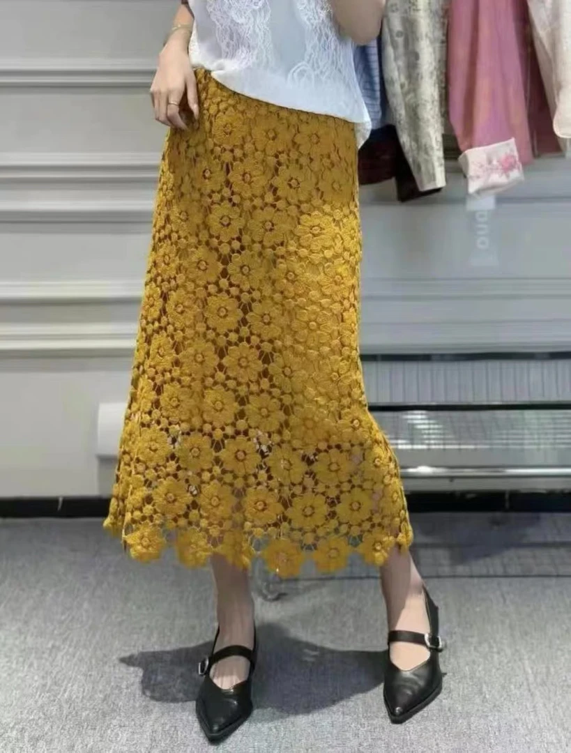 立体钩花蕾丝中长款夏季网红半身裙裙子