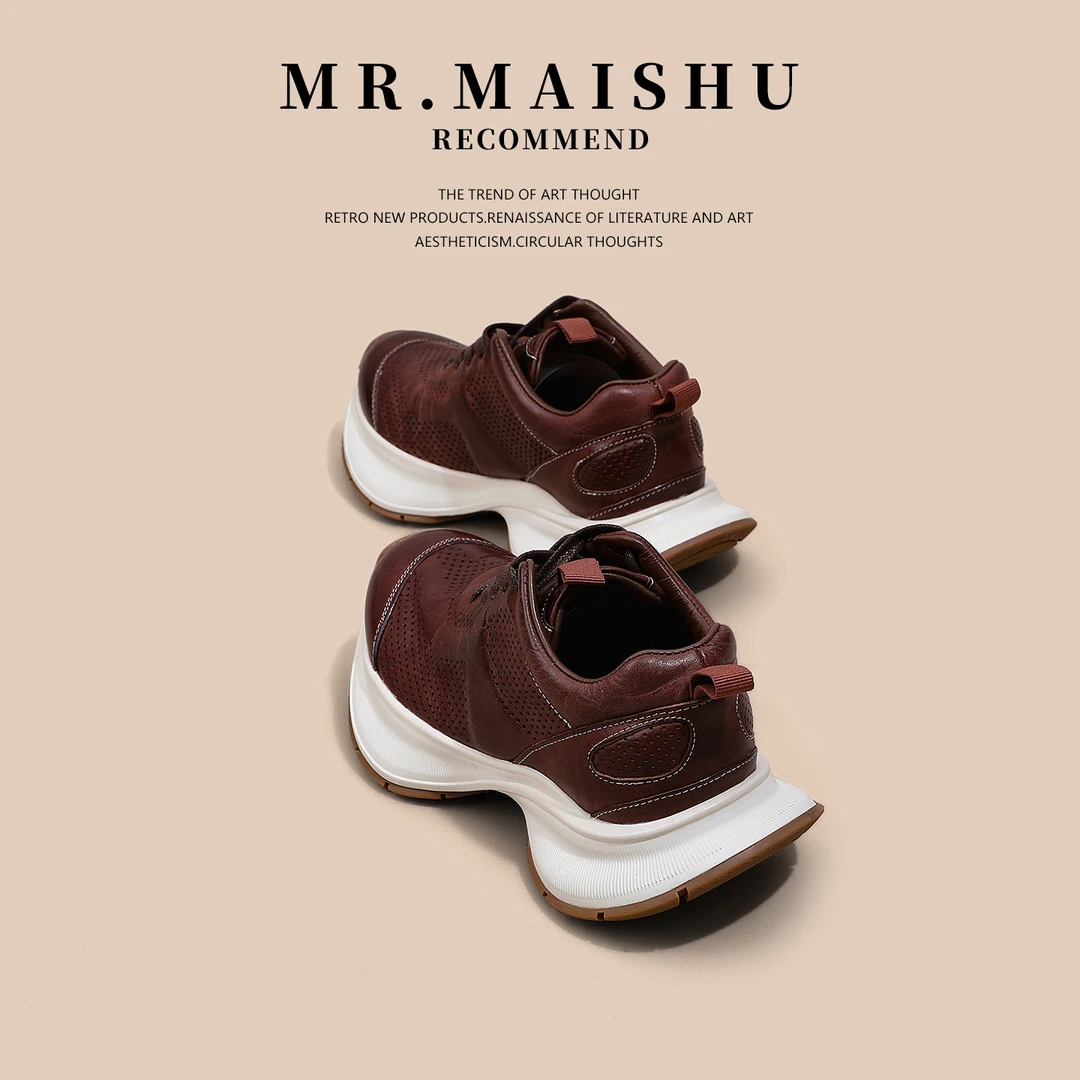 MRMAISHU水洗马皮厚底老爹鞋女ins潮百搭初秋真皮镂空运动休闲鞋