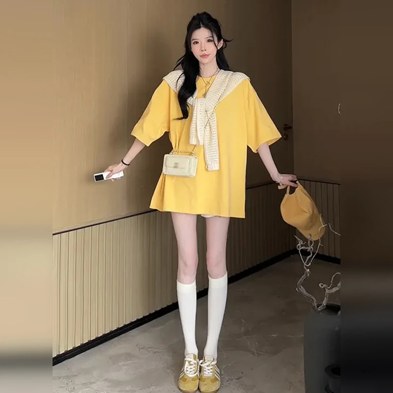 正肩短袖t恤女夏2025新款爆款独特超好看宽松多巴胺chic韩系上衣