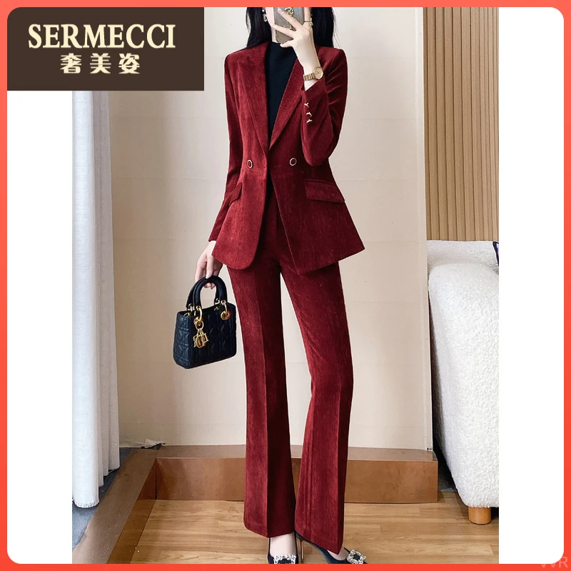 奢美姿时尚套装女2025红色轻熟加厚保暖新款西装两件套秋冬