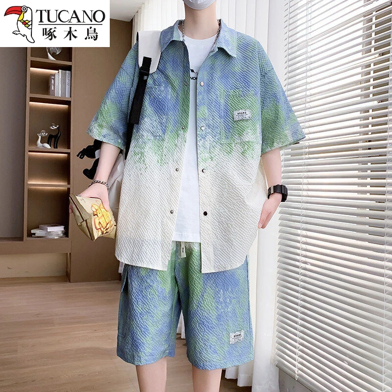 啄木鳥男士薄款新款渐变套装青少年宽松潮流大码短袖短裤感百搭雅