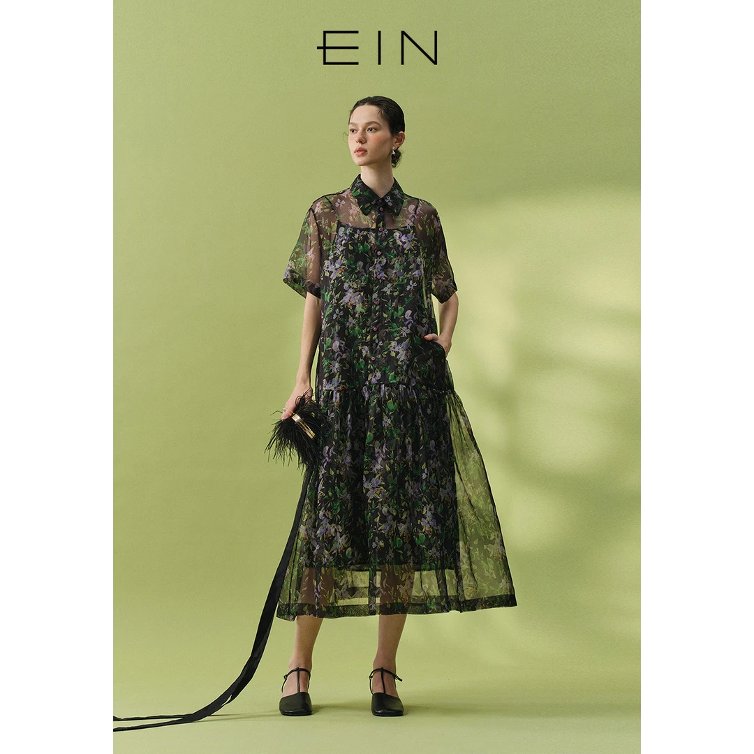 EIN/言【花卉博物馆】柯根纱鸢尾花翻领桑蚕丝宽松连衣裙25夏款