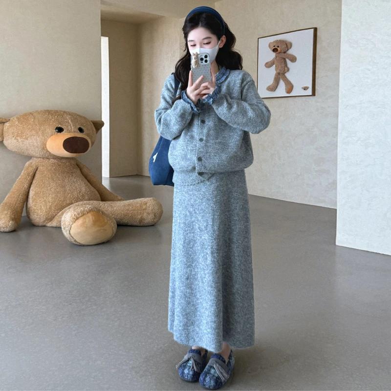 孕妇套装2025年秋冬韩版新品时尚针织毛衣加厚拼接上衣半身裙套装