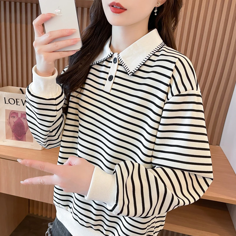 翻领polo衫条纹卫衣女2025新款春秋季韩版宽松薄款设计感上衣外套