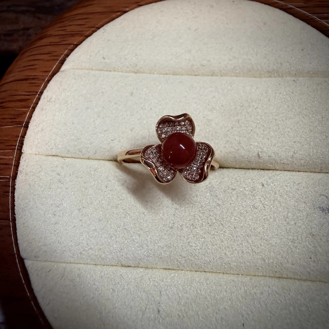 碧海丹心-天然阿卡红珊瑚戒指-10020