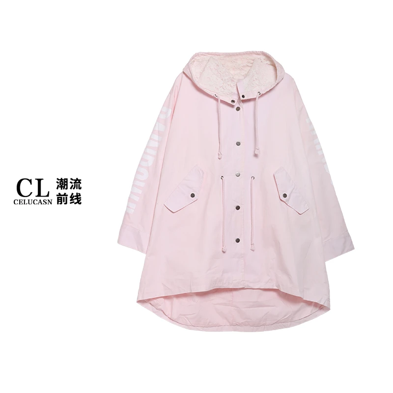 K6BB8112#秋季潮流女装粉色少女心中长款抽绳修身多扣大口袋外套