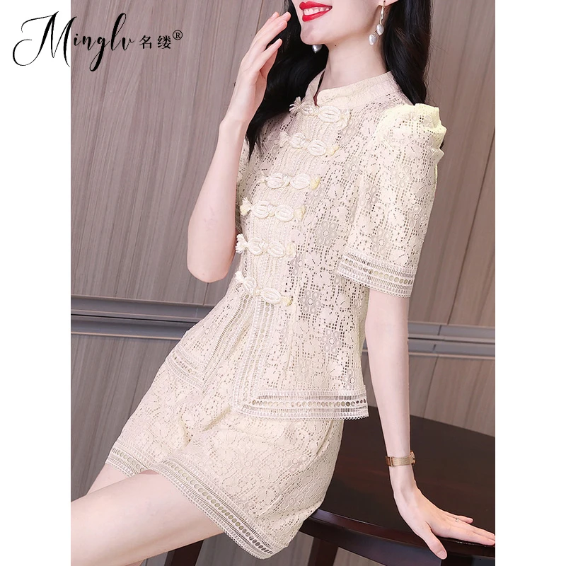 2025年夏季新款镂空水溶蕾丝刺绣新中式短袖开衫短裤两件套装女