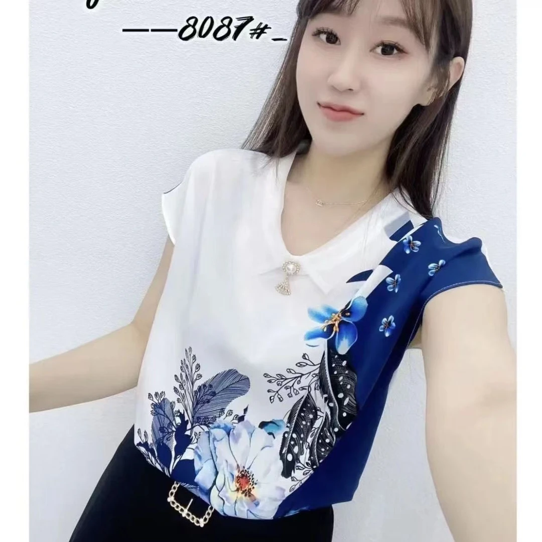 娃娃领夏季印花插肩袖短袖衬衫上衣百搭洋气t恤休闲女装大码