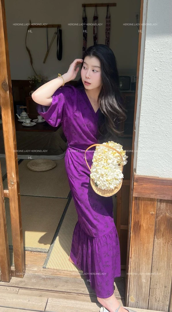 【花心】HL棉绸夏季浪漫V领裹系复古法式韩系宽松显瘦长款连衣裙