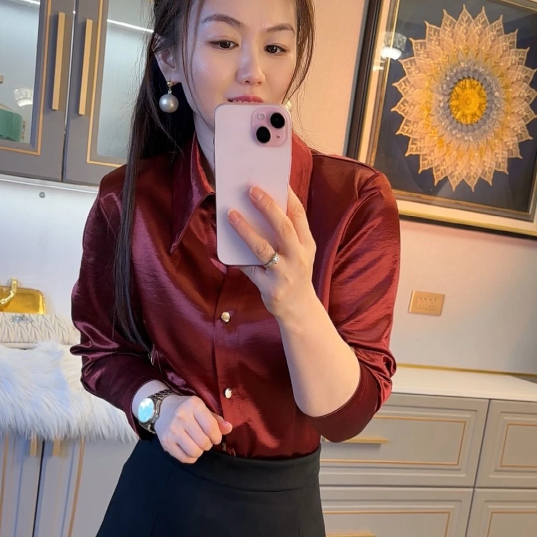 丝光缎面长袖衬衫女春秋新款光泽衬衣抗皱免烫气质显瘦上衣996