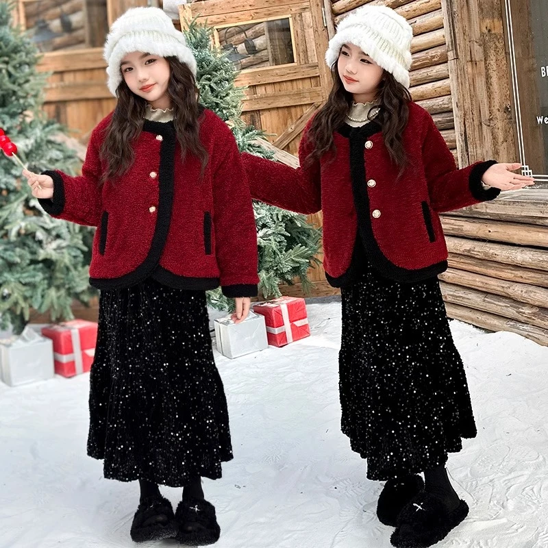 儿童拜年服套装连衣裙新年装红色外套冬季加厚过年衣服大童长裙子