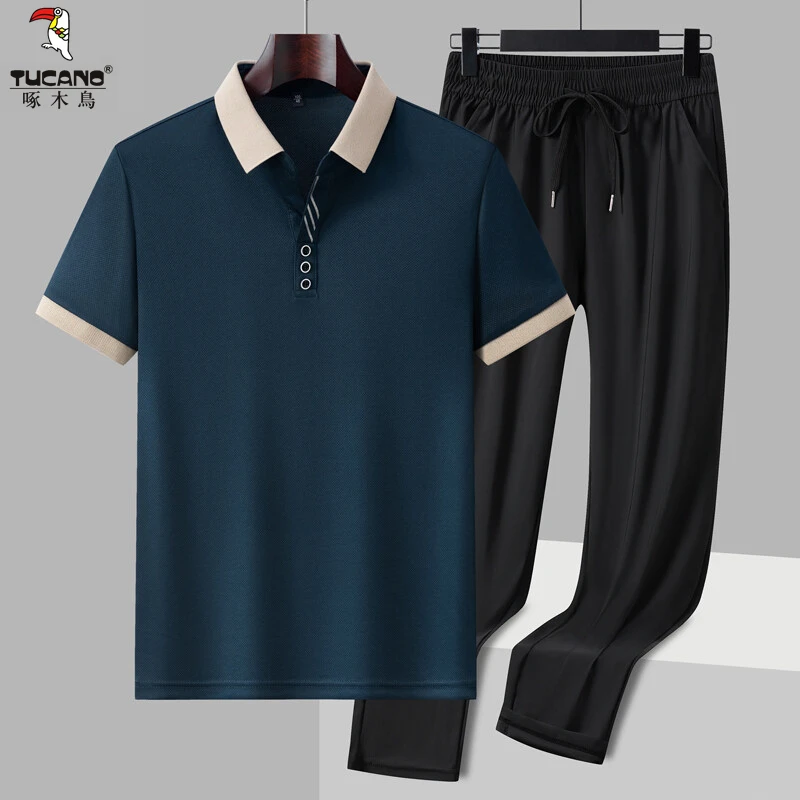啄木鸟夏季男士POLO衫休闲套装商务爸爸装冰丝短袖t恤长裤两件套