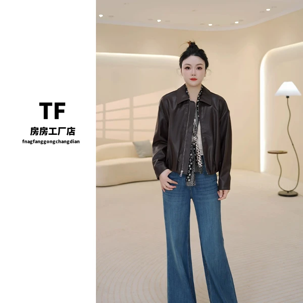 房房-88385 时尚皮衣夹克秋季修身型女装翻领设计师宽松型短款