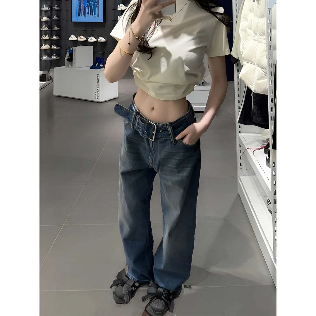 芙沿蓝色低腰腰带牛仔裤女2025春秋新款美式复古阔腿宽松直筒长裤