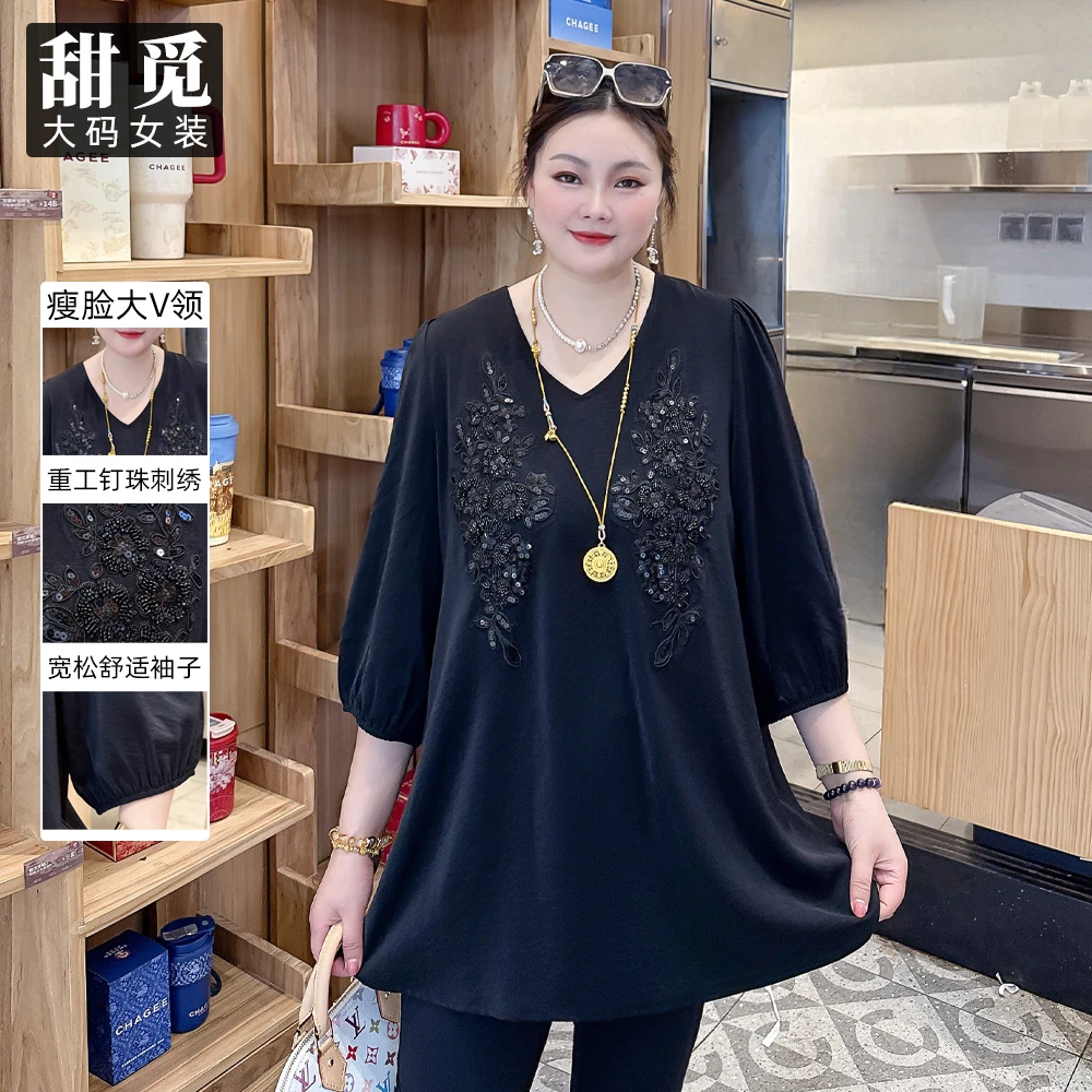 甜觅特大码女装2025夏季胖mm300斤重工刺绣钉珠薄款长款V领上衣