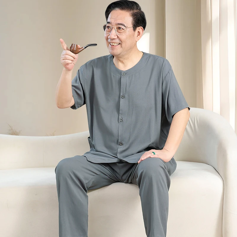 中老年夏季棉绸短袖开衫两件套装男爸爸睡衣爷爷人造棉宽松家居服