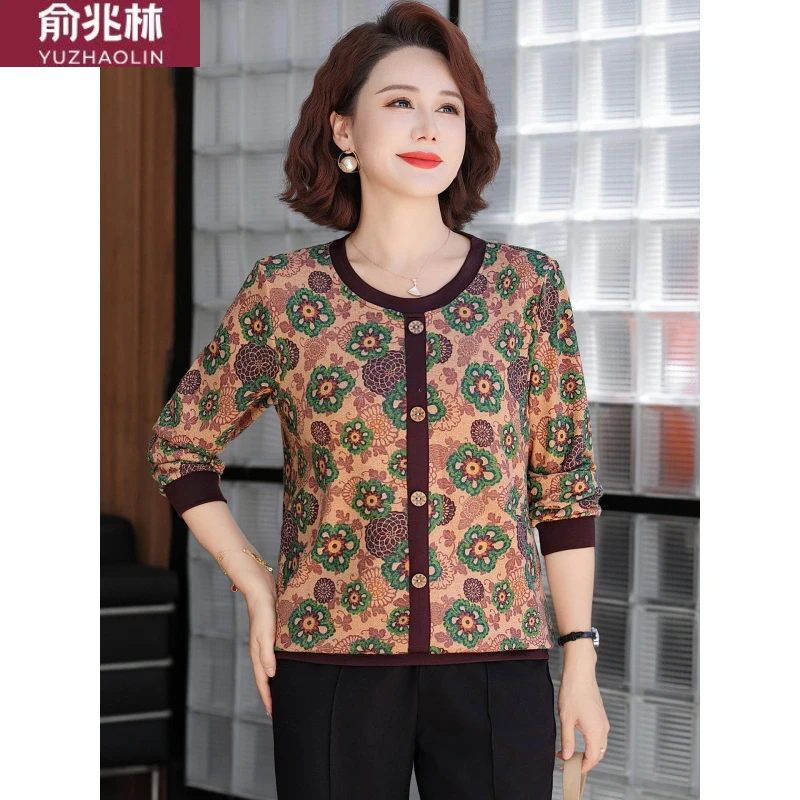 妈妈装秋季新款印花针织长袖上衣中老年女春秋装薄款T恤打底小衫