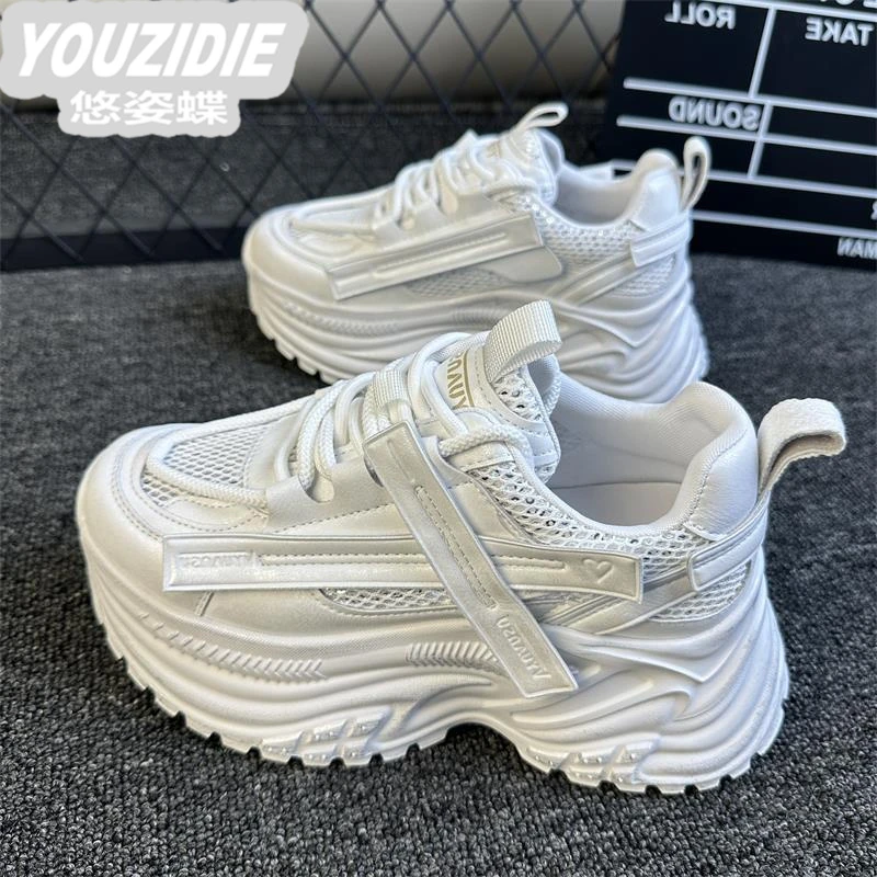 厚底白色老爹鞋女2025春夏新款小个子增高网面透气松糕休闲运动鞋