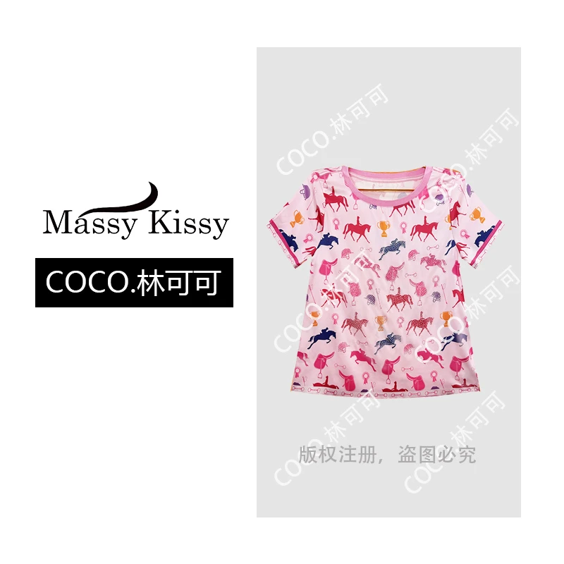 【COCO林可可】‘’马术“ 烫钻印花桑蚕丝上衣 高端欧货轻奢T恤女夏季