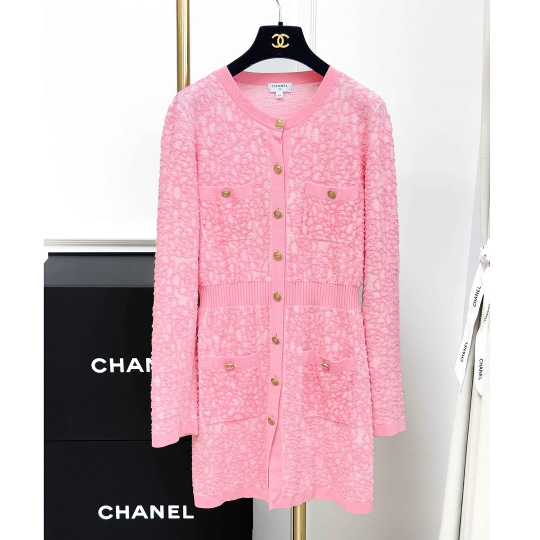 99新 Chanel/香奈儿 34码 粉色 花朵 长袖 针织 连衣裙