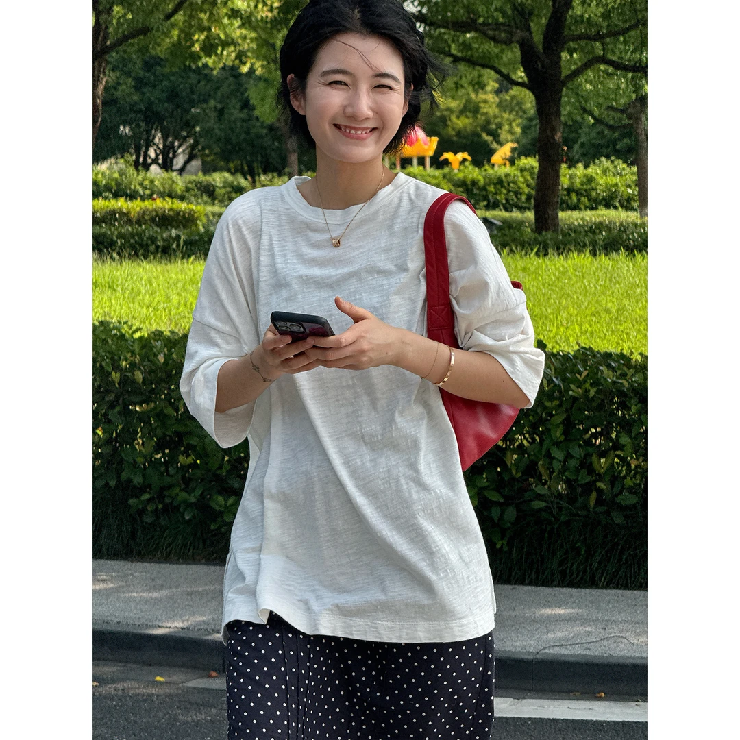 LANGQING 大版纯棉七分袖t恤女夏季宽松oversize中长款上衣43954#