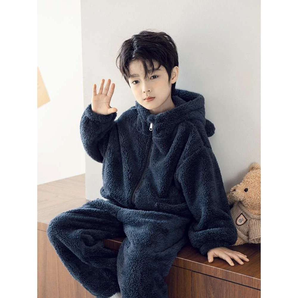 FAVMARTHA儿童睡衣秋冬法兰绒男童男孩家居服珊瑚绒加厚保暖中大