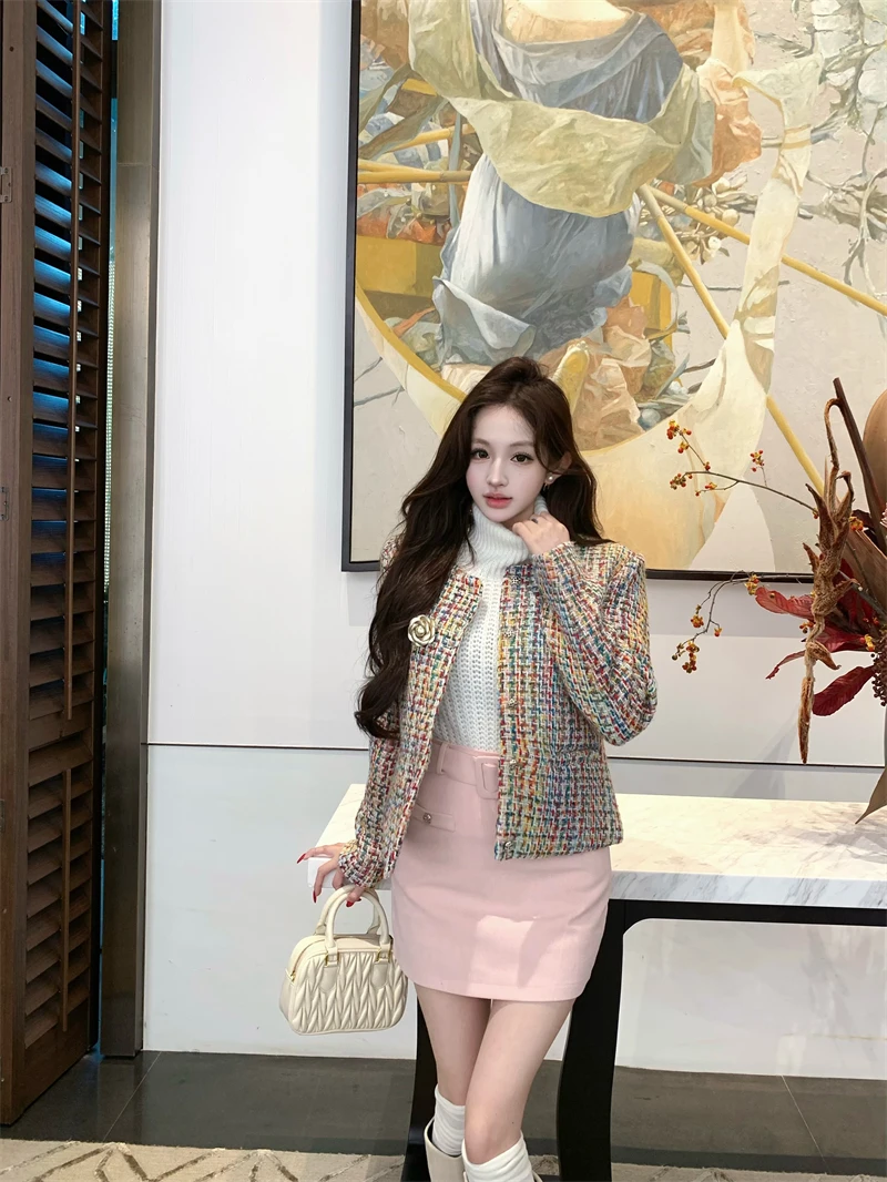 2025初秋时尚新款纯欲性感无袖半高领针织上衣+粉色半身裙两件套