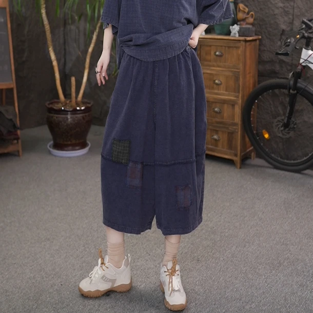 七分裤夏季女贴布做旧磨白牛仔裤文艺古风幂式穿搭