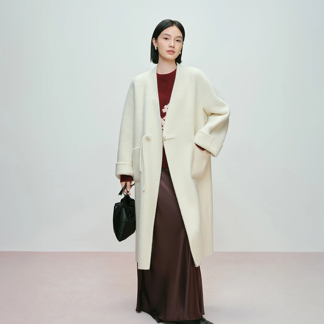 Naivee/纳薇【官旗】25冬中式绵羊毛兔毛真丝双面呢大衣25A221668
