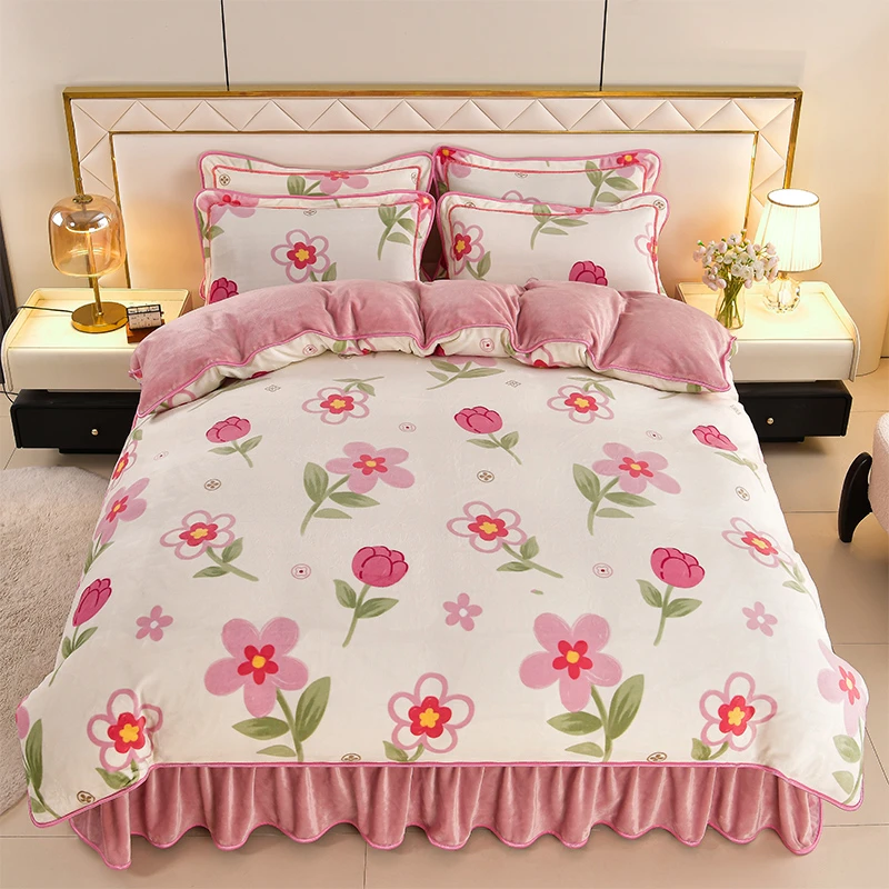 爆款必备牛奶绒四件套床裙款加厚加绒被套双面绒保暖被罩床品套件