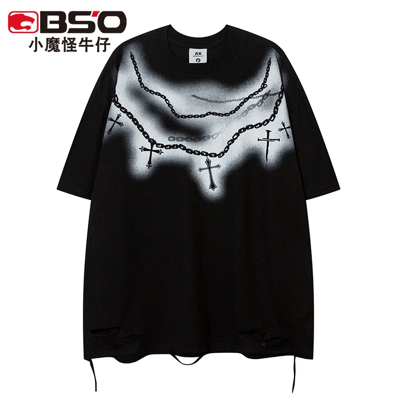 小魔怪男装夏季新款短袖纯棉T恤男美式潮十字架喷绘破洞流苏潮牌t