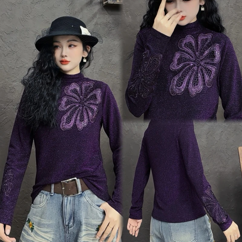 【亿火】秋冬新款百搭保暖内搭吸汗镂空植物花半高领上衣G30-6221