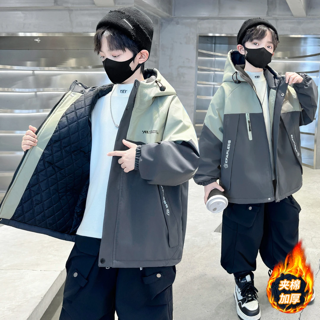 男童夹棉外套秋冬装2025新款中大儿童加厚棉衣二棉派克服冲锋衣潮