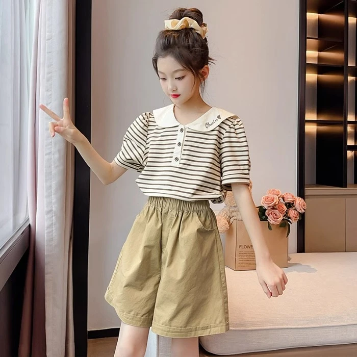 女童夏装套装2025新款洋气女大童夏季短袖儿童休闲条纹短裤两件套