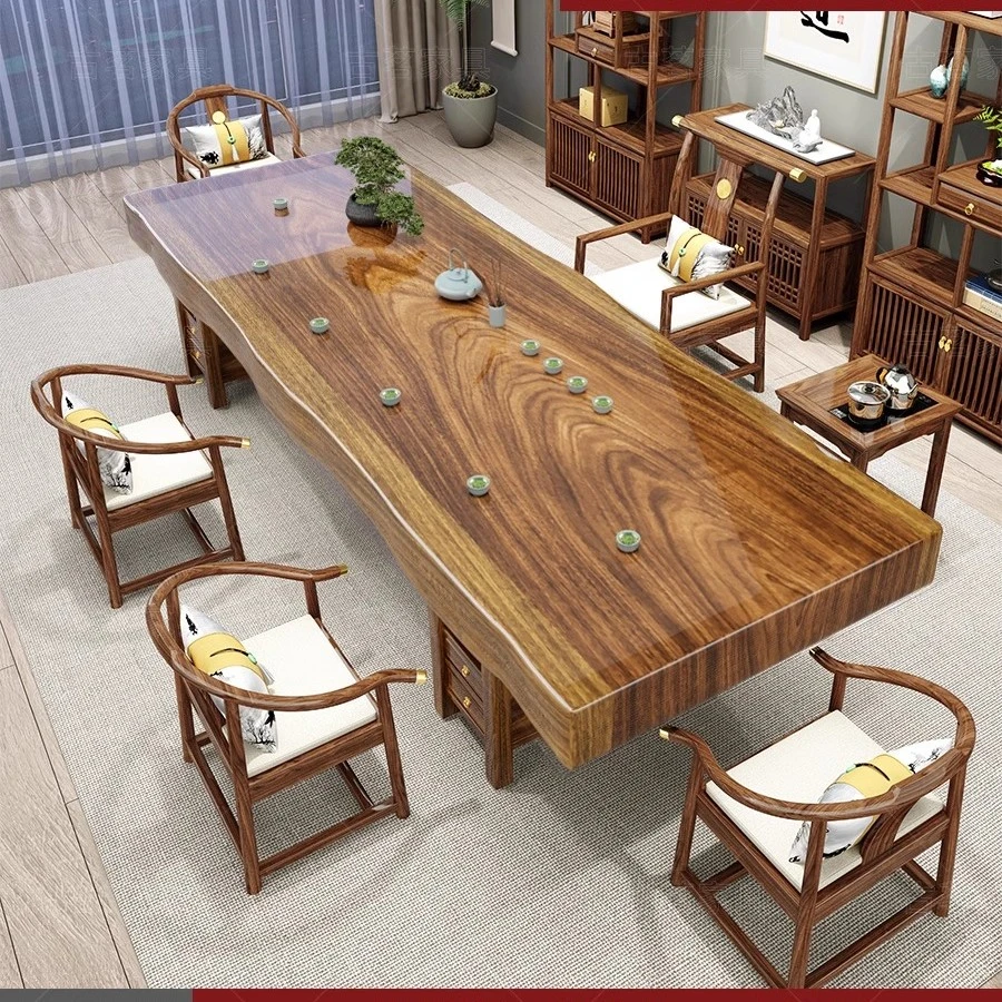 胡桃木实木新中式大板茶桌办公家用一整套茶桌