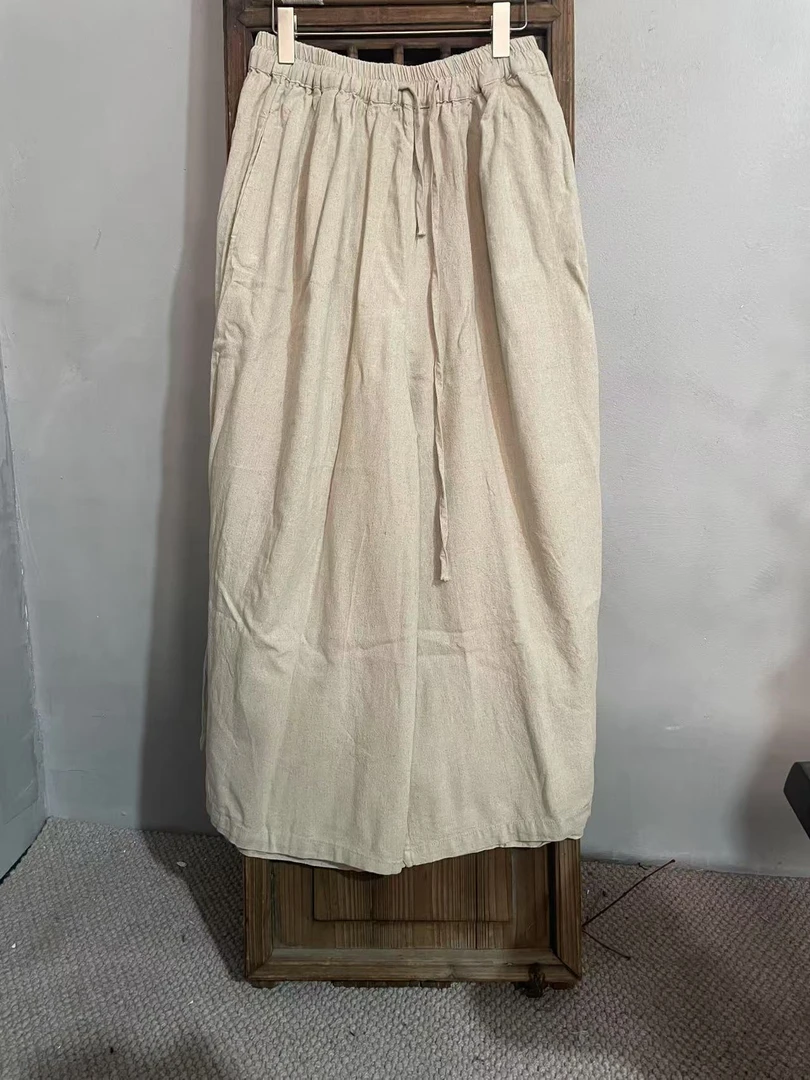 M0038亚麻95公分裤长设计师亚麻阔腿裤极简气质显瘦高级百搭通勤