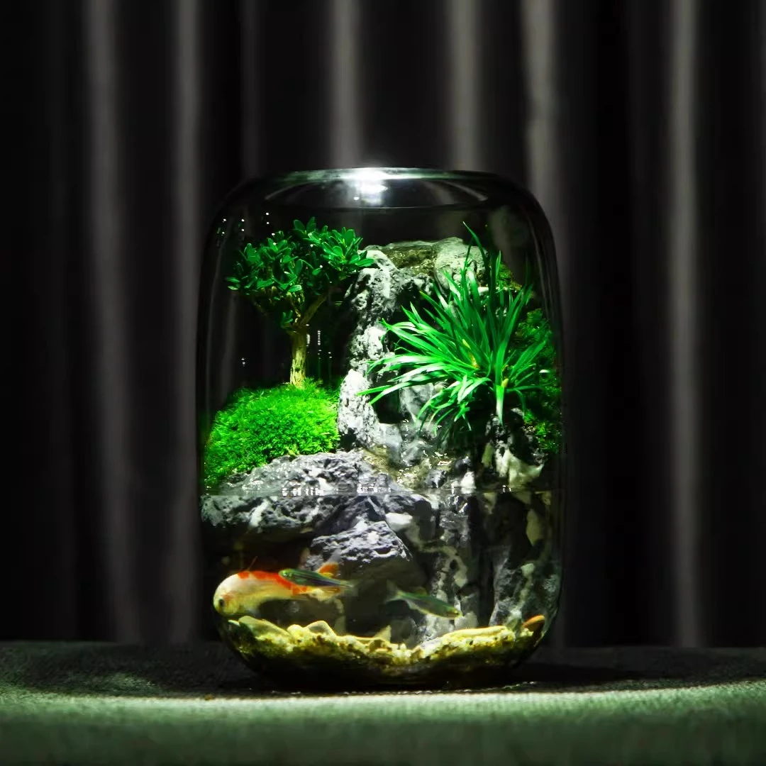 苔藓微景观养鱼流水桌面生态瓶造景成品办公室高端摆件高端绿植