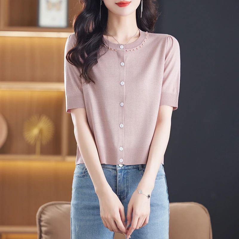 冰丝夏季气质开衫镂空短袖空调衫防晒衣女短款净版薄外搭新款上衣